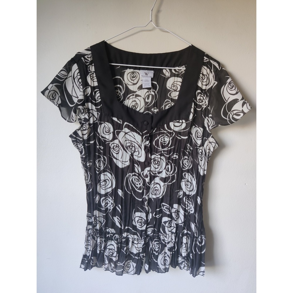 Worthington Y2K Sheer Black/White Roses Button Up Size Large Vintage Square Neck